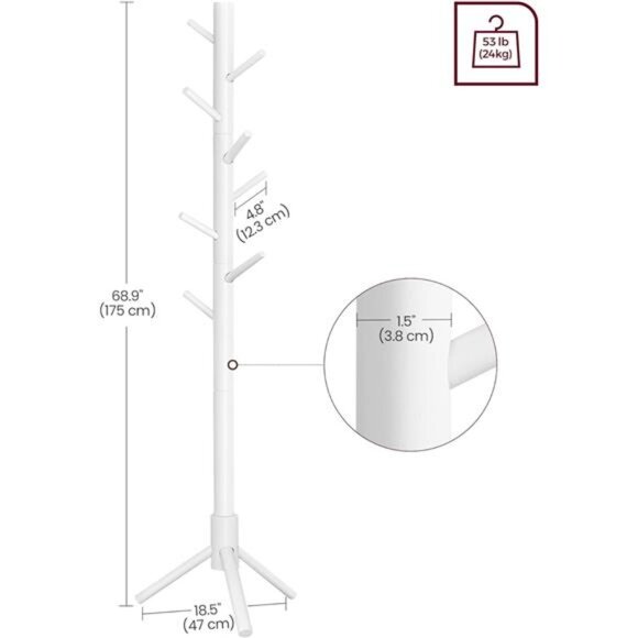 Solid Wood Coat Rack, Free Standing Tree-Shaped Coat Rack with 8 Hooks, 3 Height - Picture 6 of 7